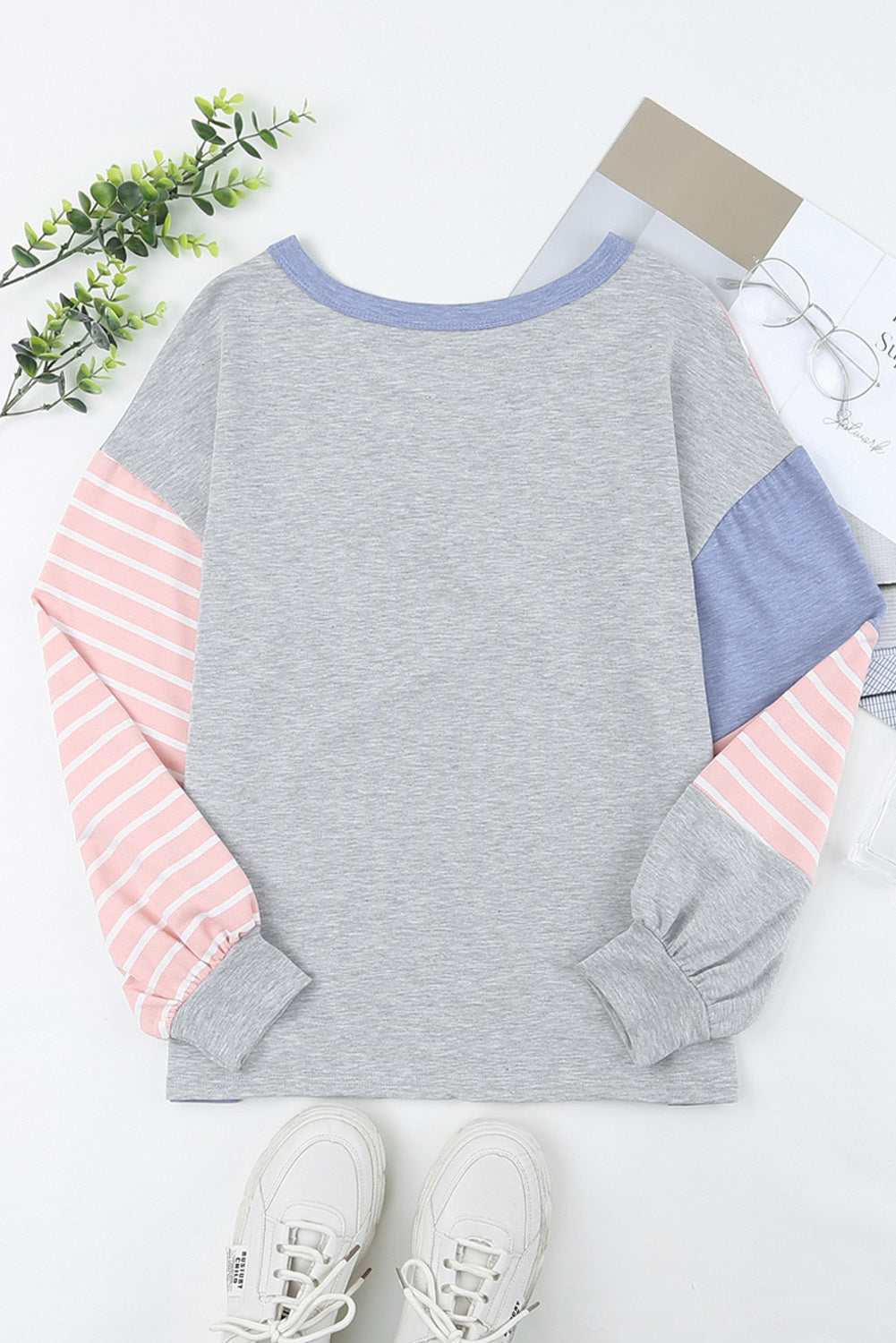 Sky Blue Striped Patchwork Color Block Long Sleeve Top