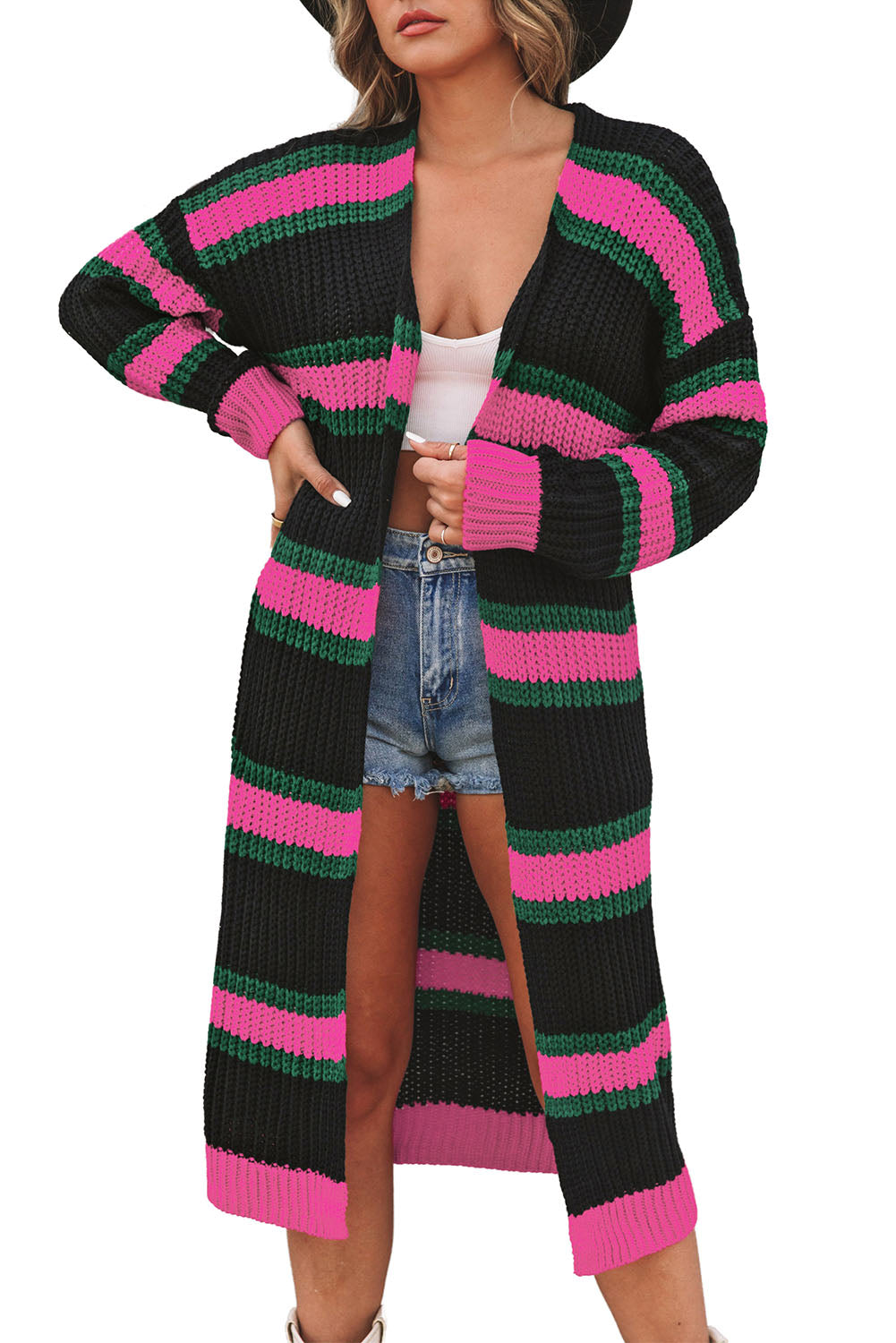 Black Drop Shoulder Color Block Knitted Duster Cardigan
