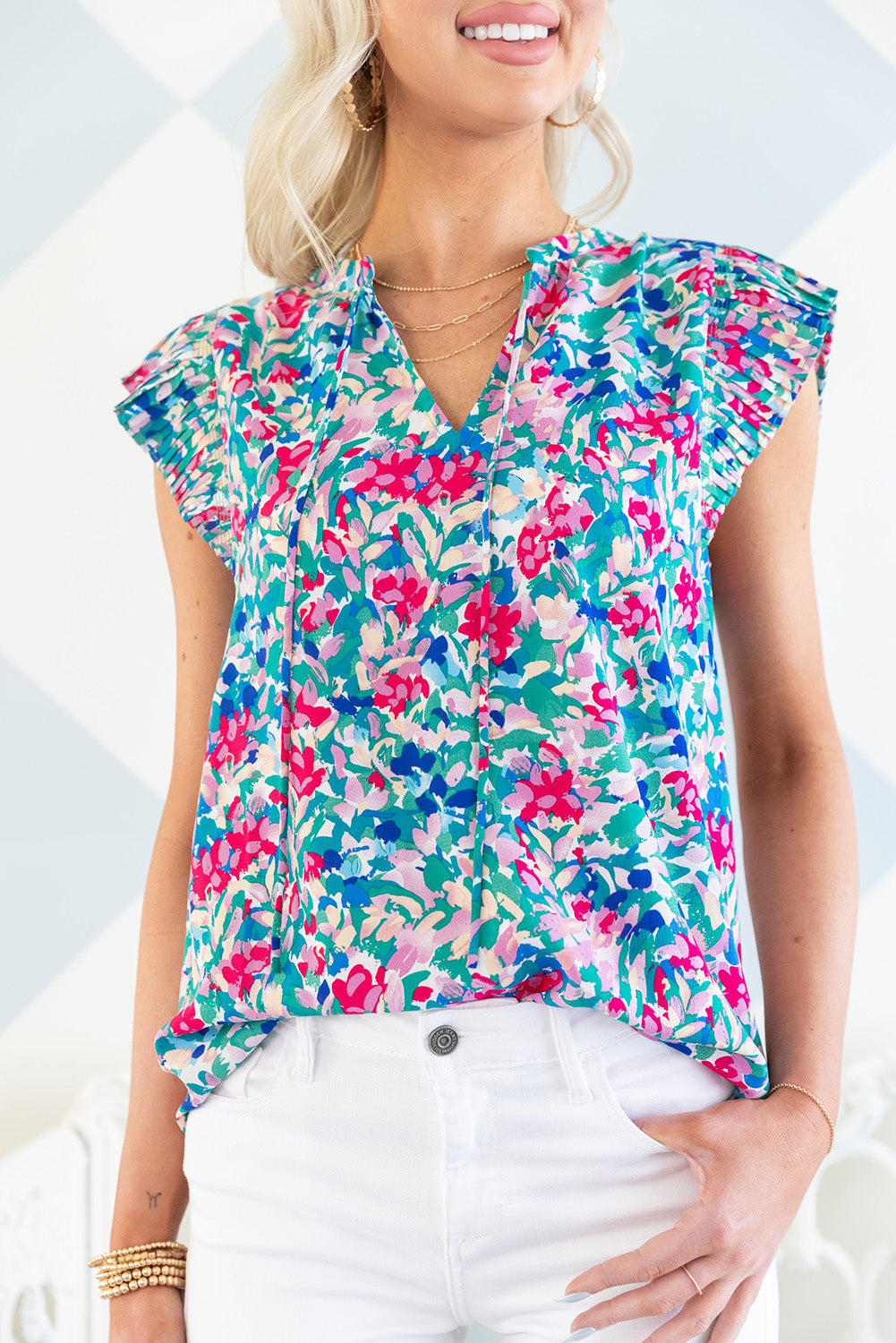 Sky Blue Pleated Flutter Sleeve Tie V Neck Floral Blouse