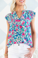 Sky Blue Pleated Flutter Sleeve Tie V Neck Floral Blouse