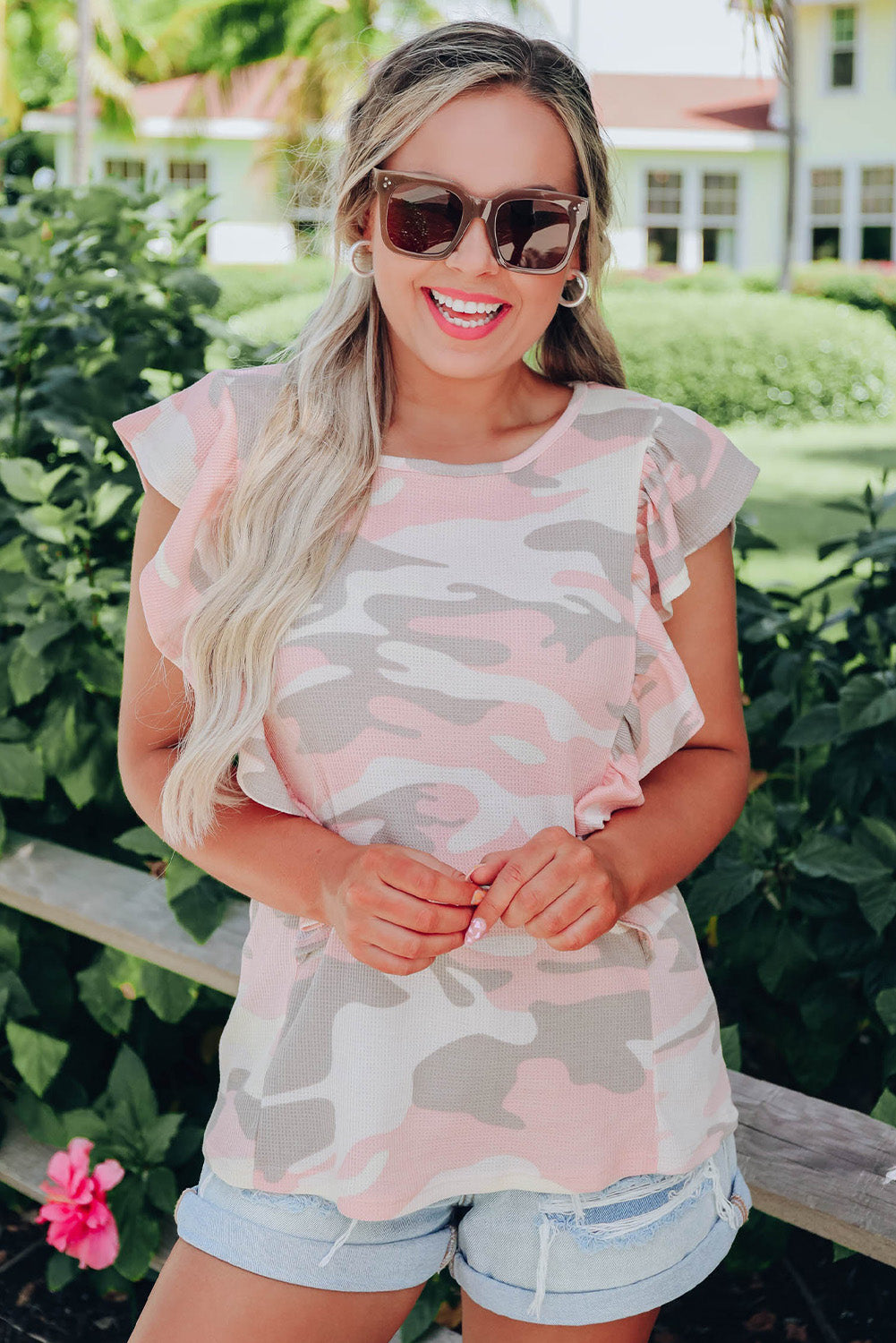 White Camo Print Ruffle Trim Tank Top