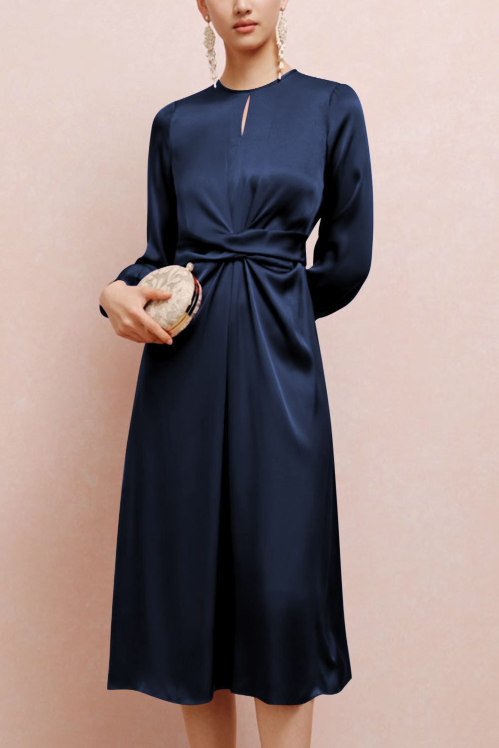 Blue Twist Front Tie Back Long Sleeve Satin Dress