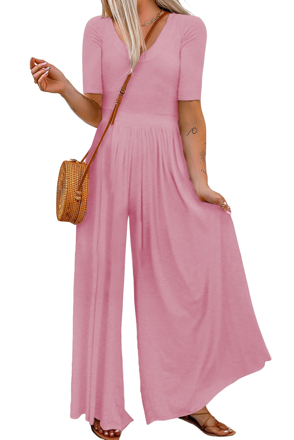 Gray Short Sleeve Bodice Flowy Wide Leg Jumpsuit