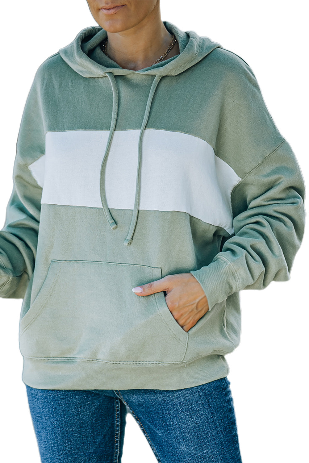 Green Contrast Wide Band Front Drawstring Hoodie
