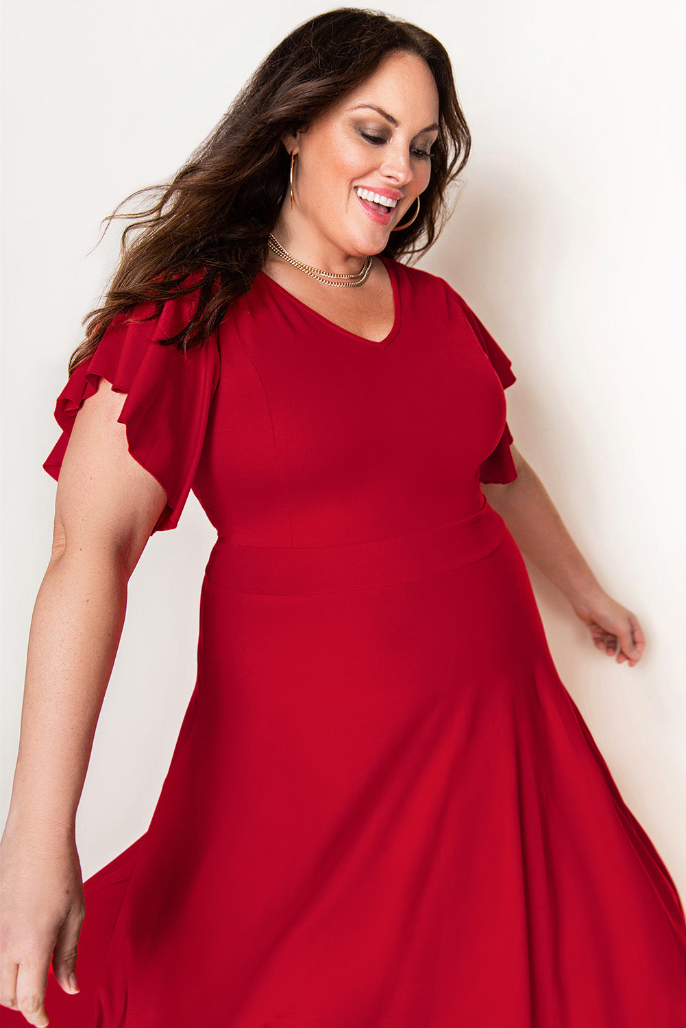 Red Plus Size Short Flutter Sleeve Midi Dress