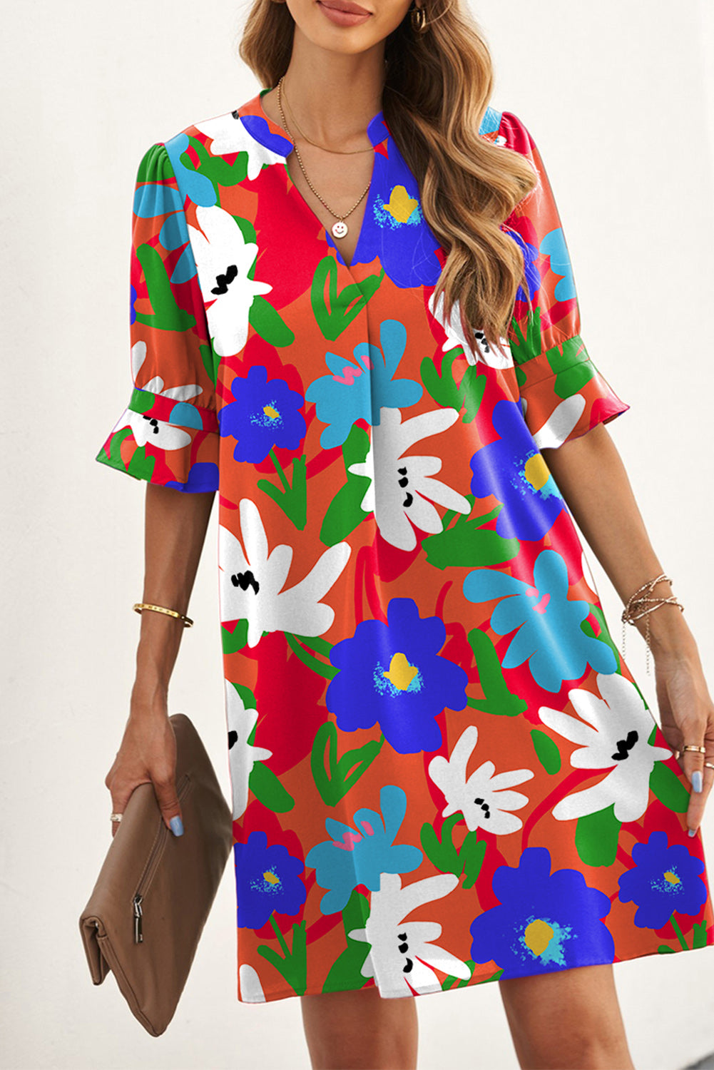 Multicolor Split V Collar Ruffle Sleeve Floral Shift Dress