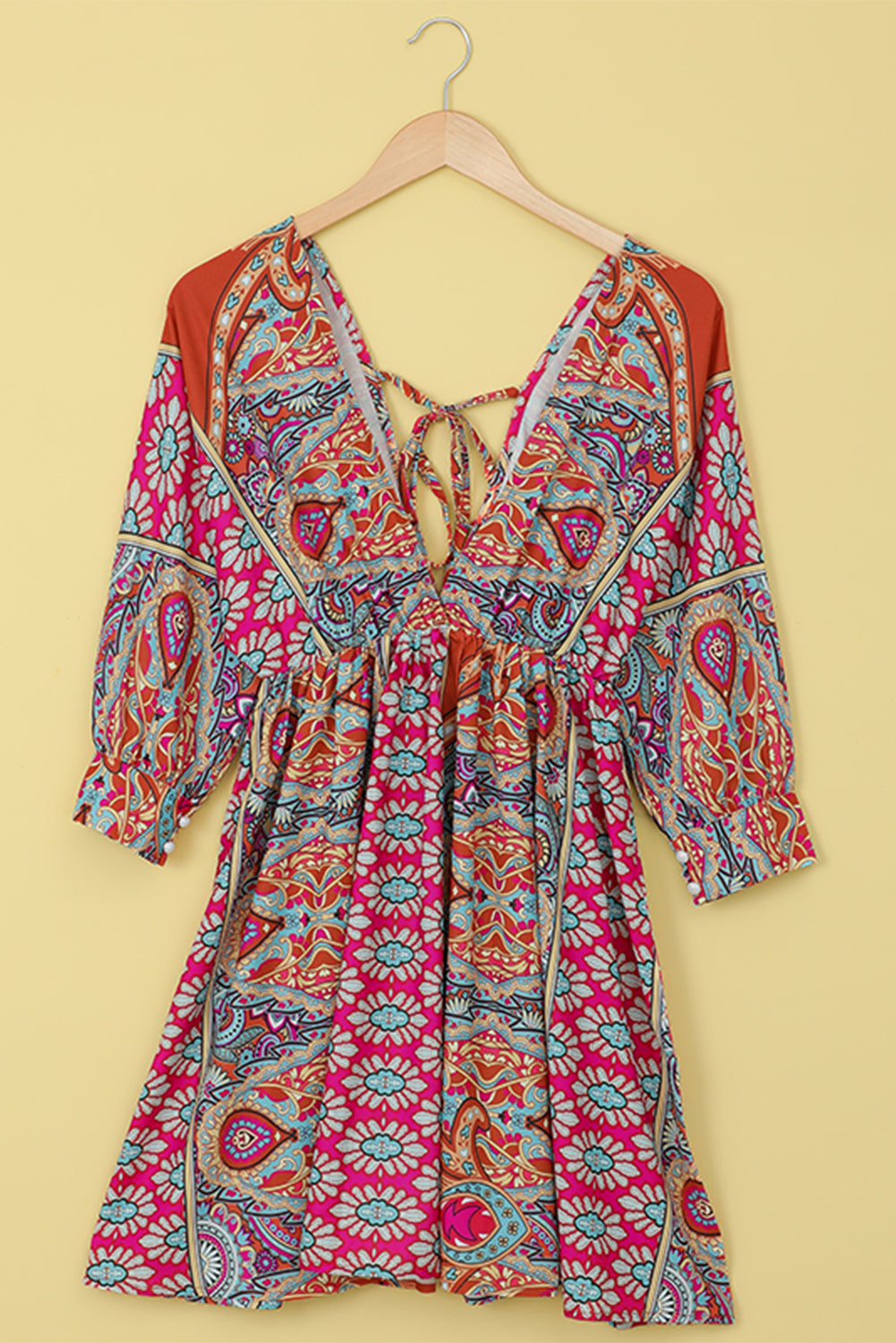 Multicolour V Neck 3/4 Sleeve Bohemian Vintage Print Mini Dress