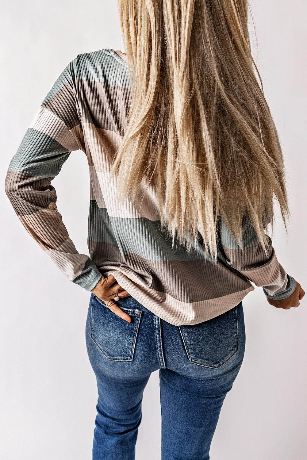 Red Striped Colorblock Ribbed Knit Top with Pocket