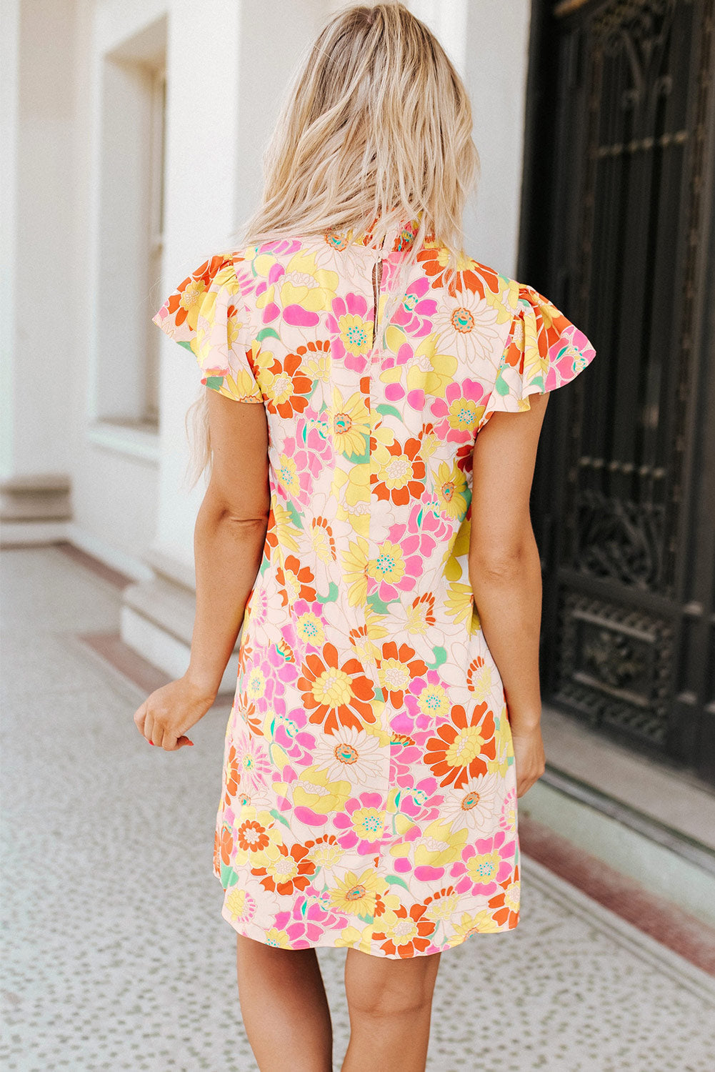 Orange Shirred Neck Summer Floral Dress