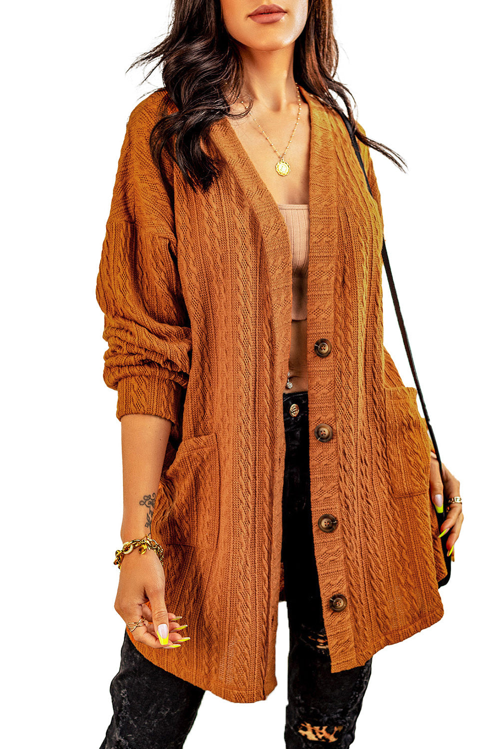 Brown Button Front Pocketed Cable Knit Cardigan