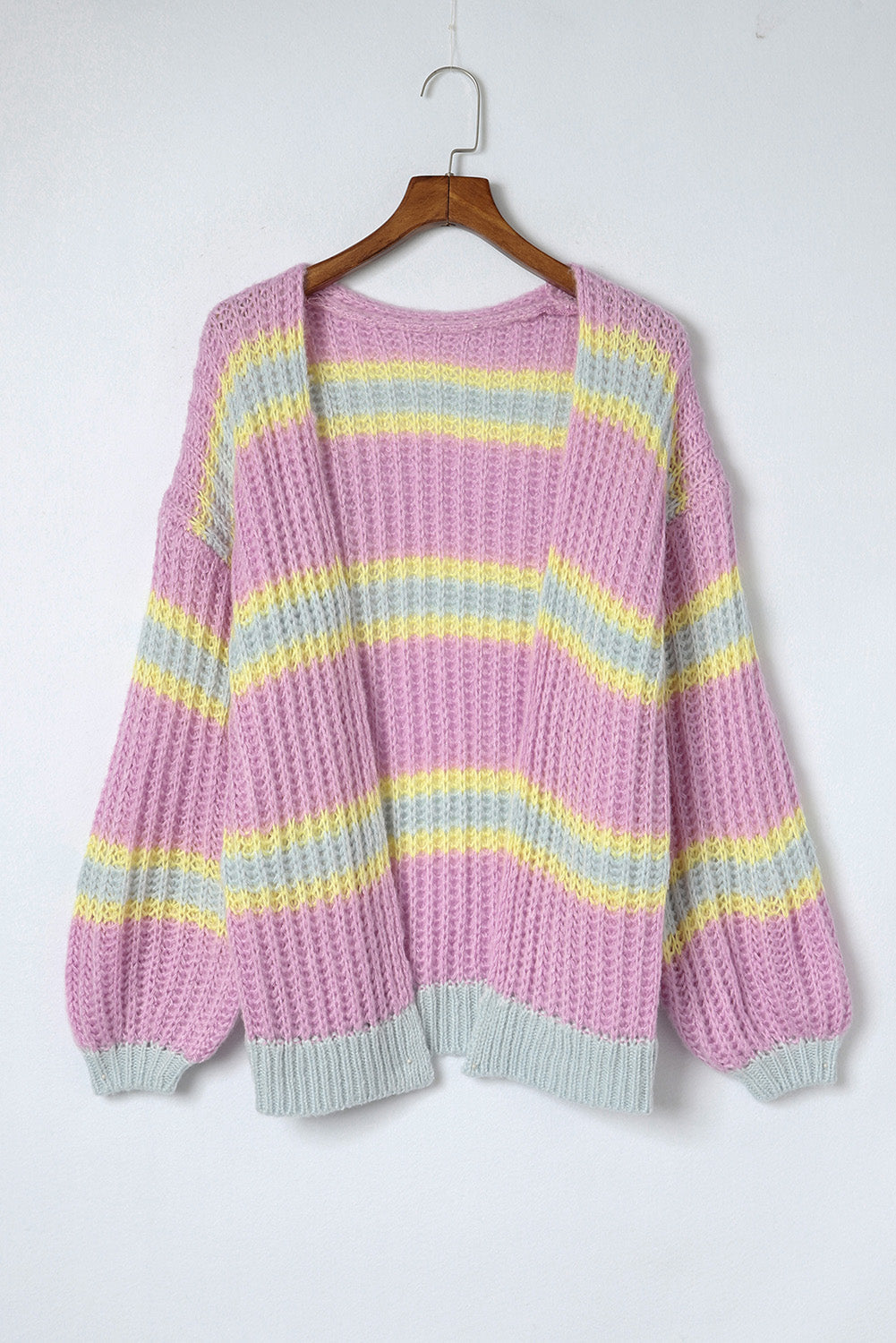 Pink Contrast Striped Open Front Cable Cardigan