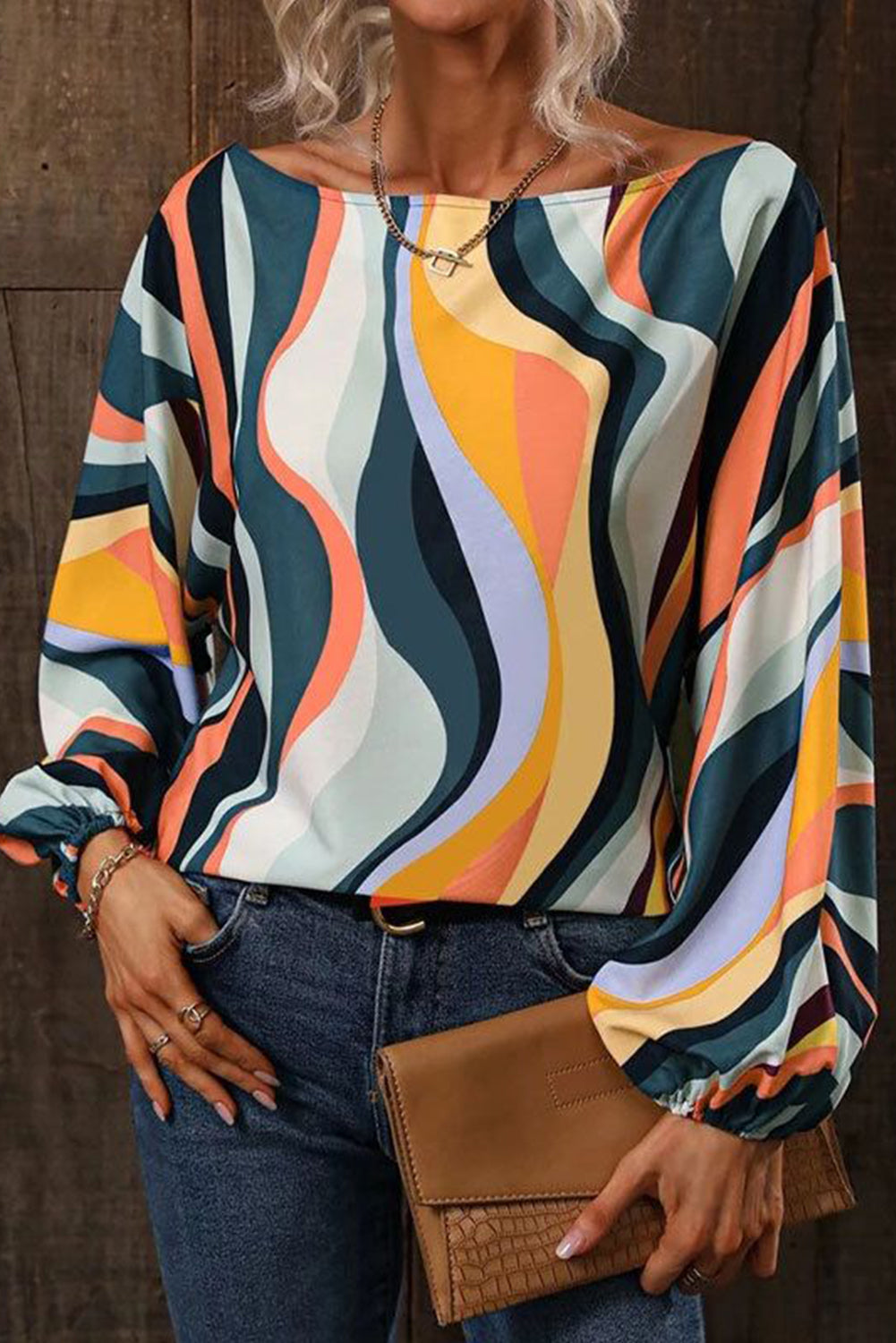 Multicolor Wavy Striped Boat Neck Puff Sleeve Blouse