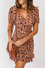 Brown Wrap V Neck Floral Dress with Ruffles