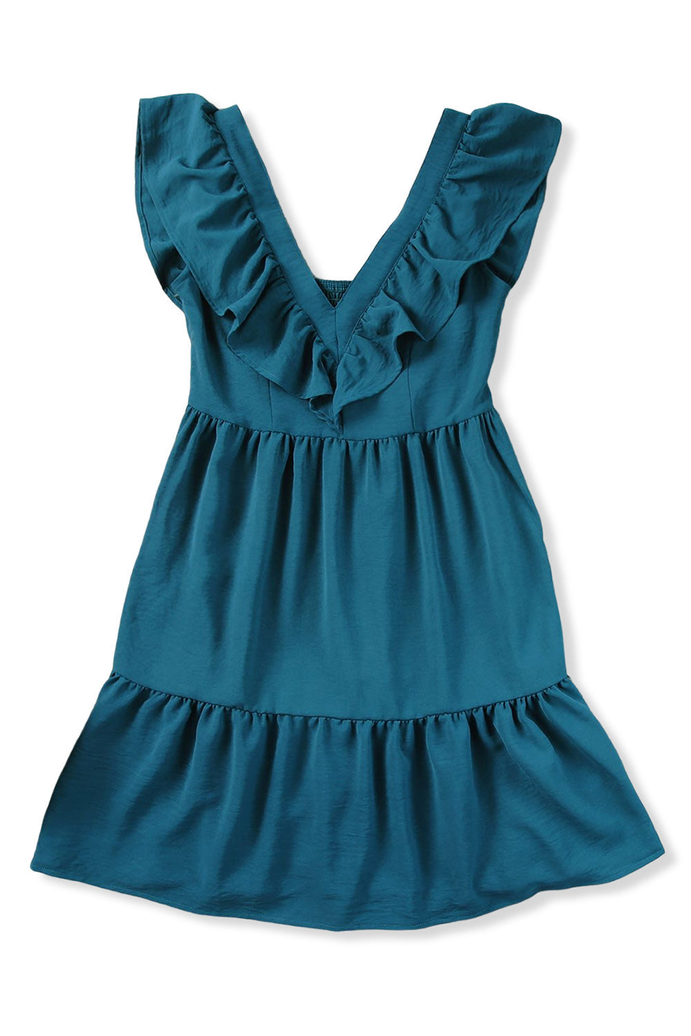 Blue Ruffle Trim V Neck Smocking Back Mini Dress