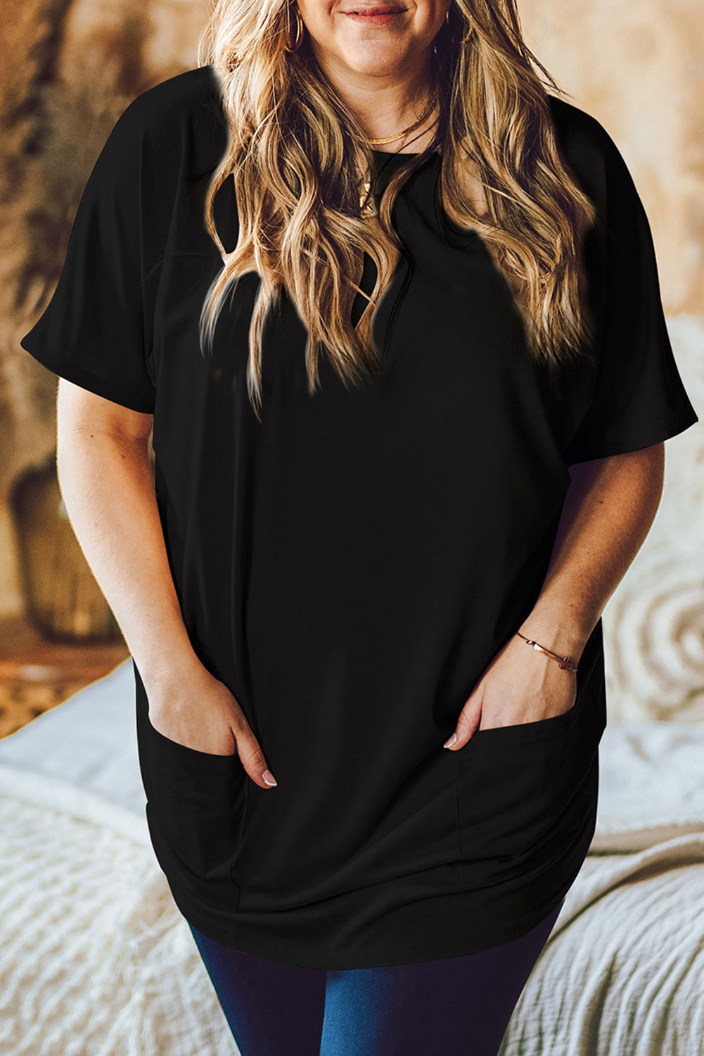 Black Side Pockets Short Sleeve Tunic Top