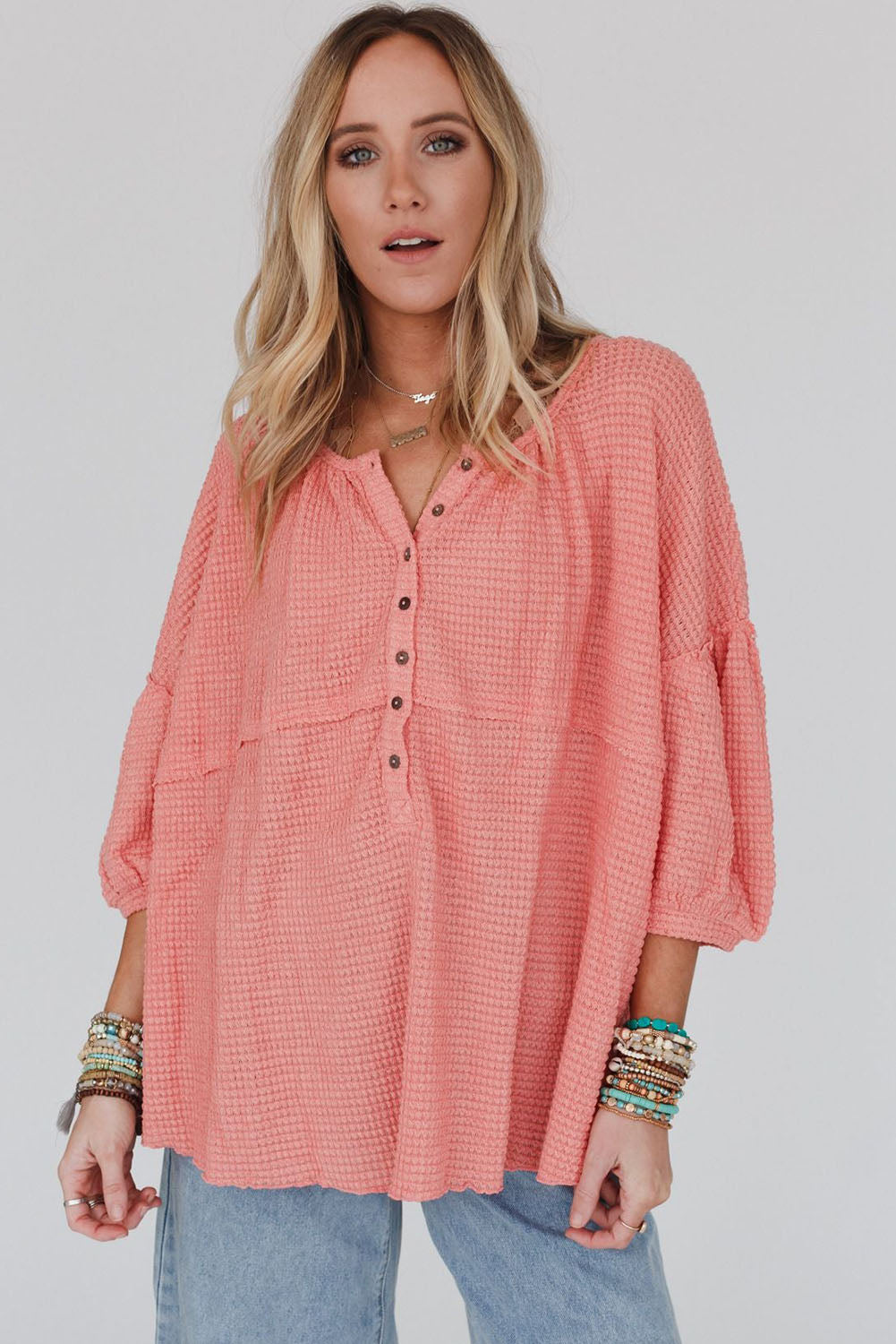 Pink Waffled Bracelet Sleeve Oversized Henley Top