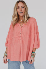 Pink Waffled Bracelet Sleeve Oversized Henley Top