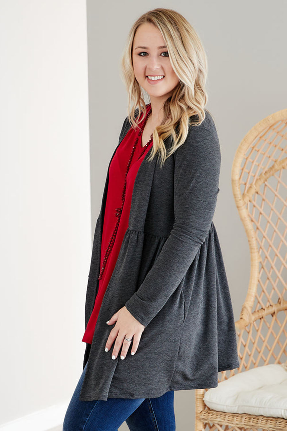 Gray Plus Size Open Front Ruffle Tunic Cardigan