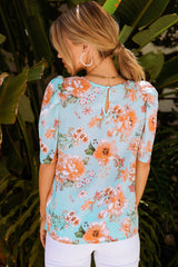 Sky Blue Floral Print Short Puff Sleeves Top