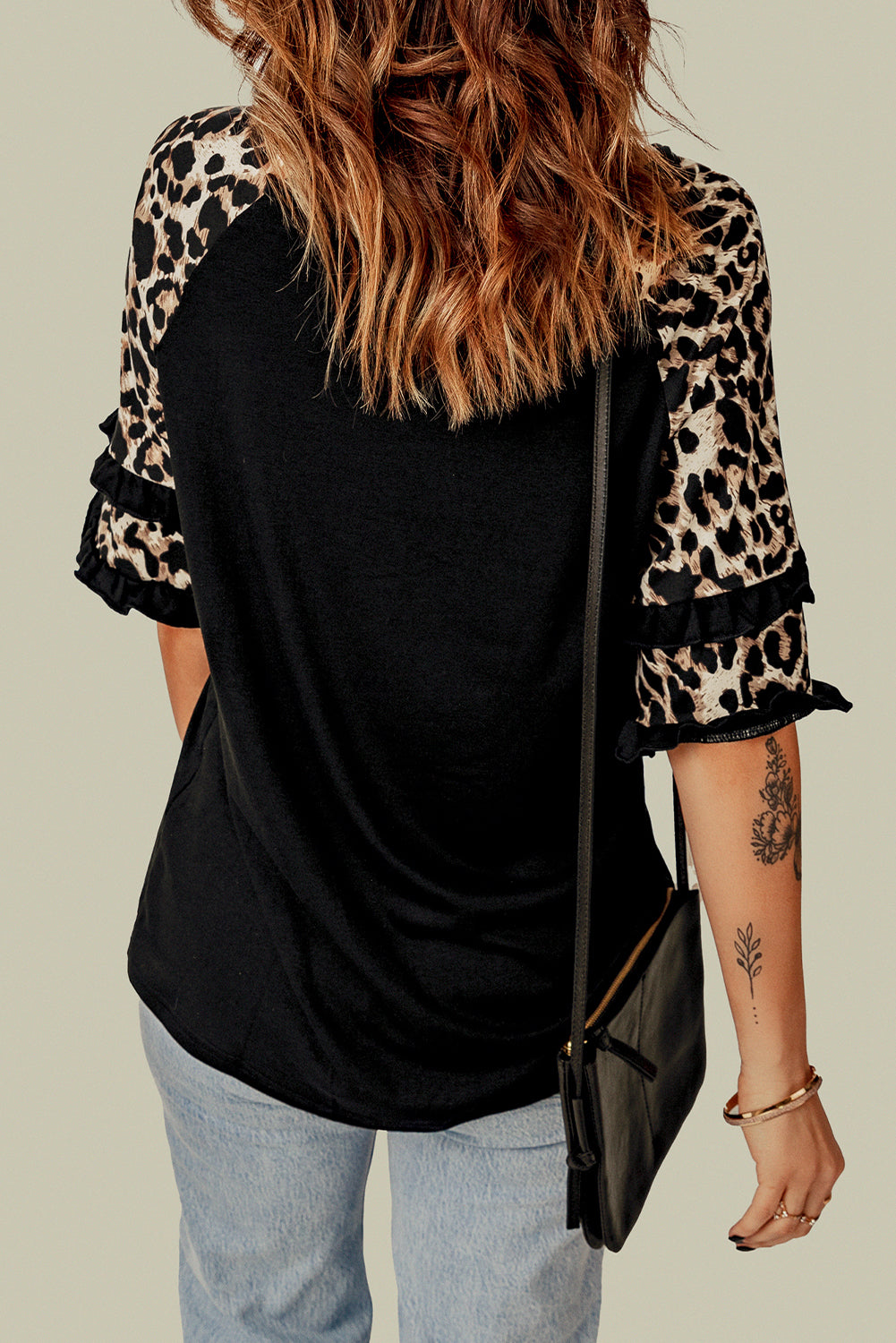 Black Ruffled Leopard Sleeve Patchwork Top