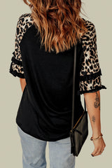 Black Ruffled Leopard Sleeve Patchwork Top