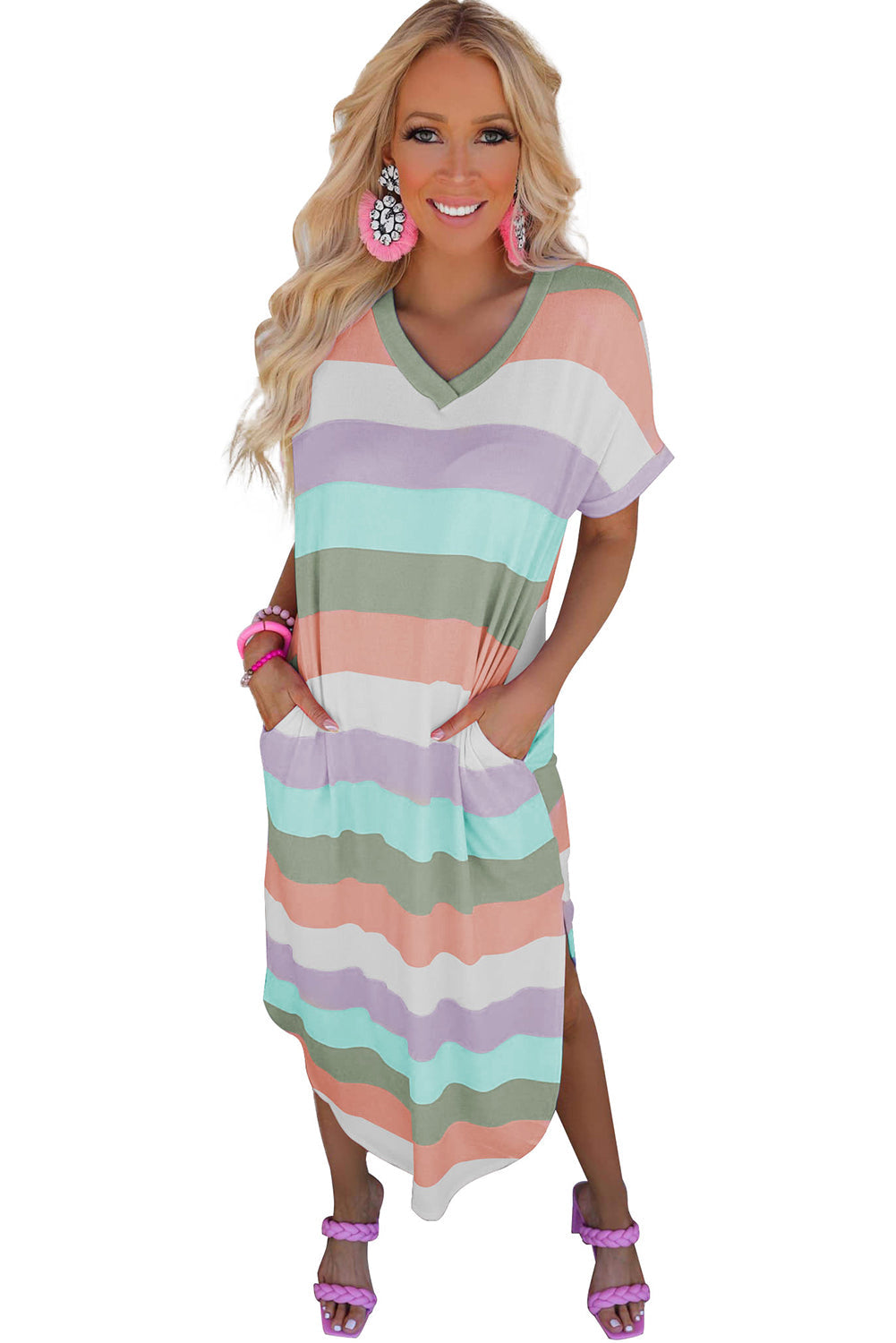 Multicolor Striped Print Tied Shoulder Flowy Tank Top