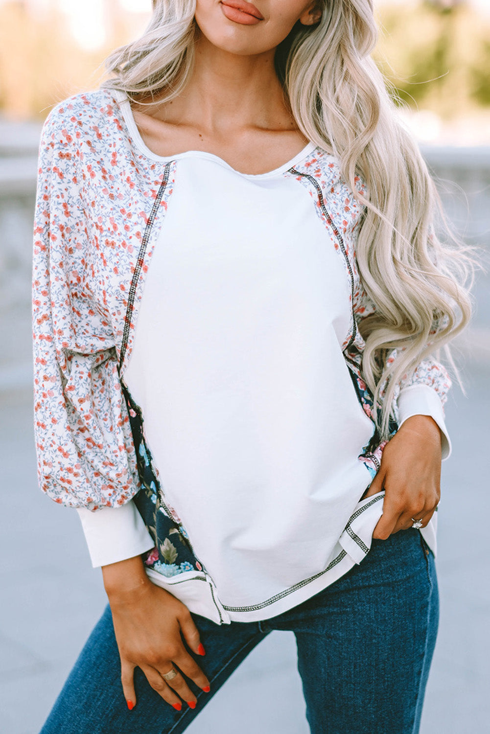 Multicolor Floral Print Patchwork Long Sleeve Top