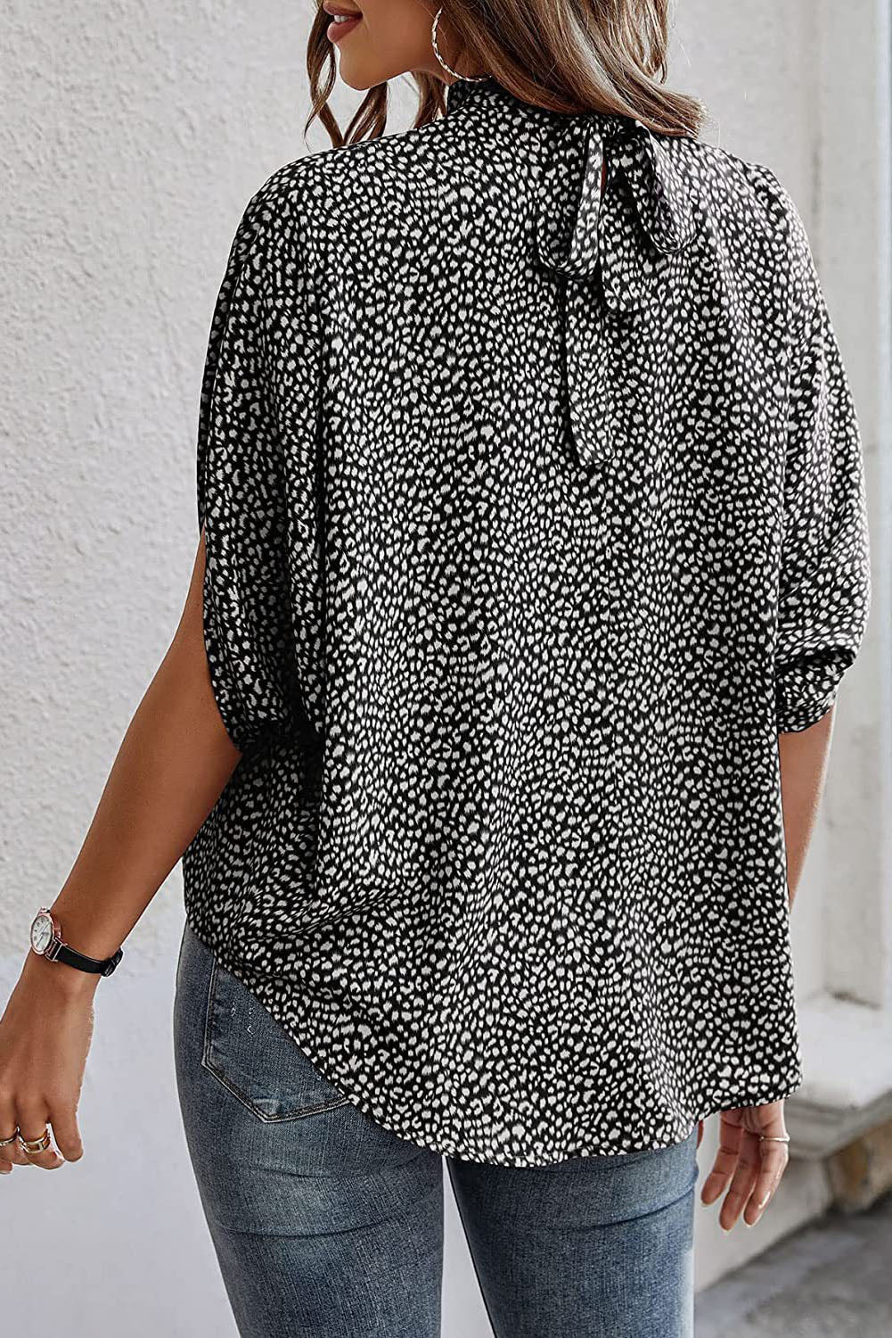 Black Oversized Leopard Ruched Batwing Sleeve Blouse