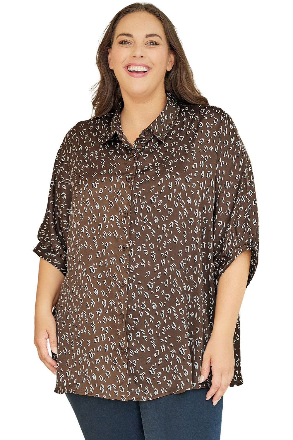 Leopard Buttoned Batwing Sleeve Plus Size Shirt