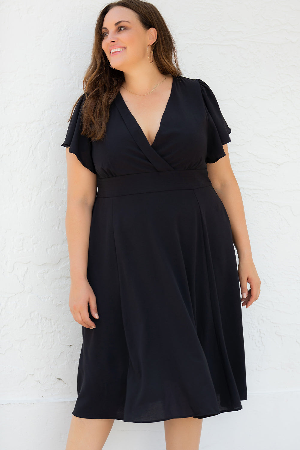 Black Plus Size Flutter Sleeve V Neck Midi Dress