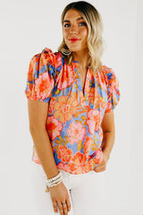 Multicolor Floral Bubble Sleeve V-Neck Plus Size Blouse