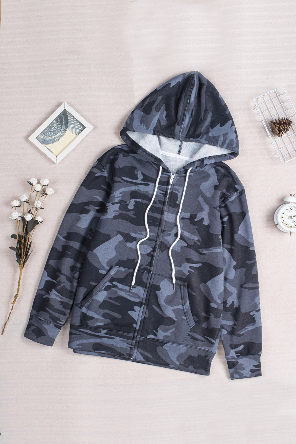 Black Camo Print Zip-up Hooded Coat with Pockets