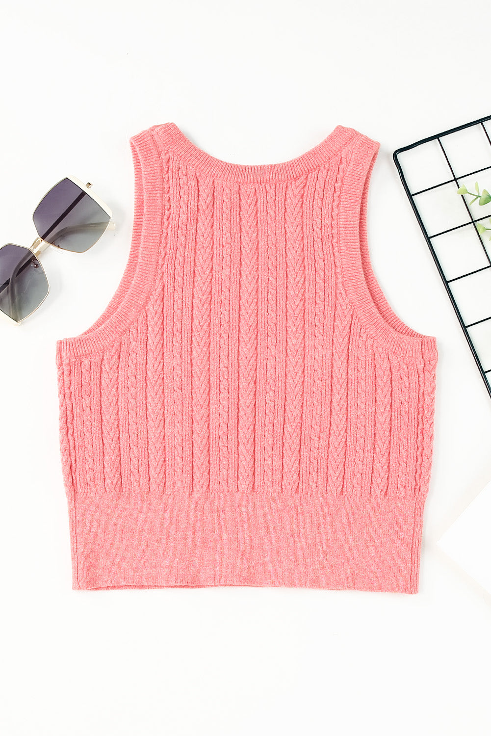 Pink Cable Knit Ribbed Trim Sleeveless Crop Top