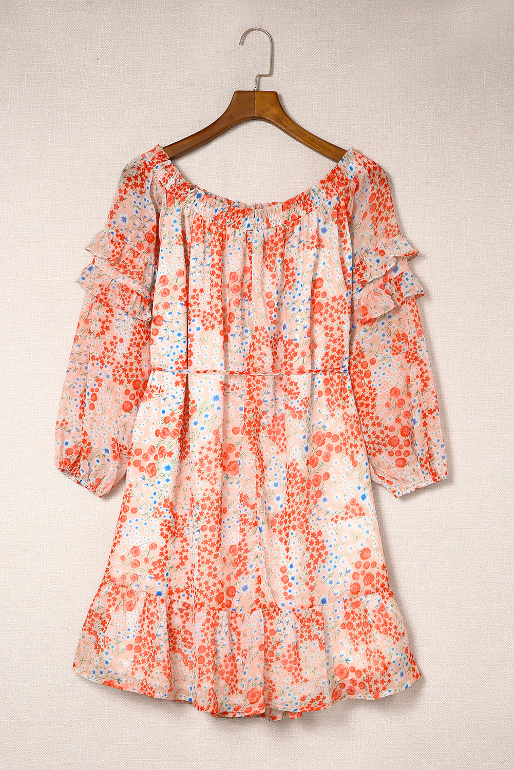 Red Floral Off The Shoulder Print Ruffled Dress with Tie