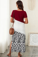 Red Leopard Color Block Side Slit T Shirt Maxi Dress