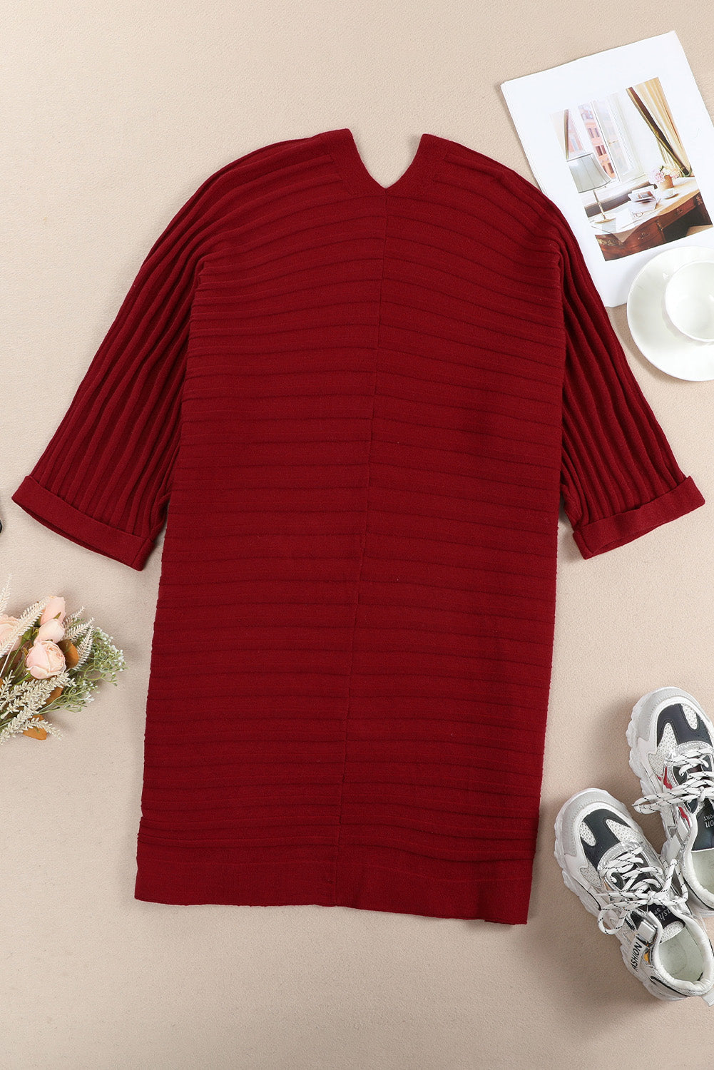 Red Ribbed Open Front Knit Cardigan