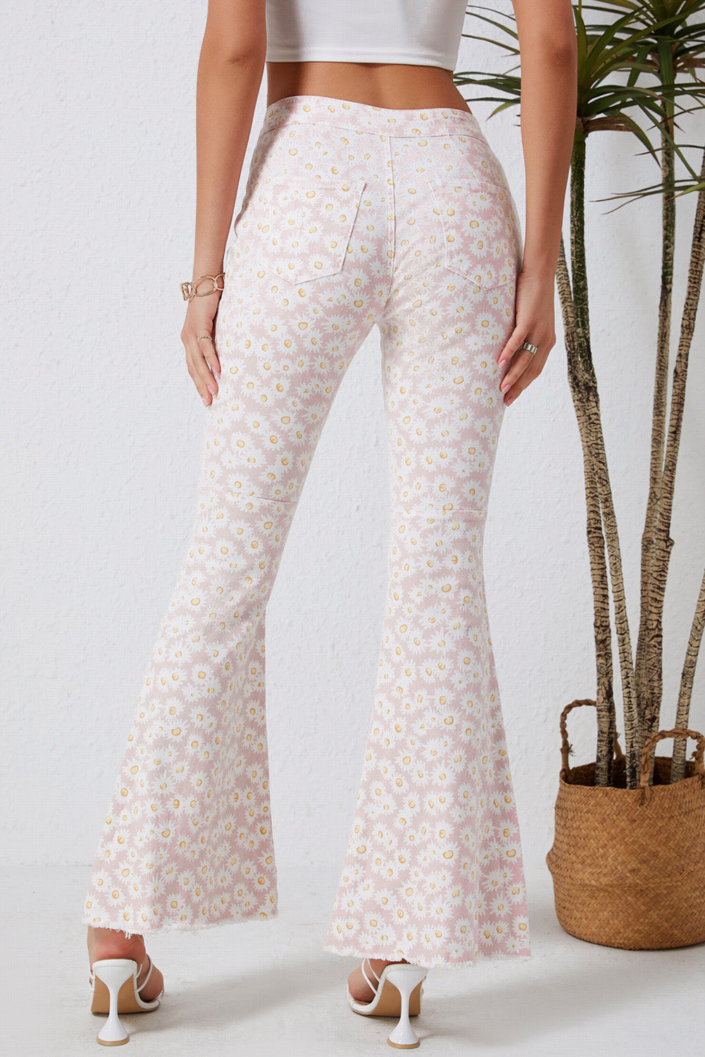 Pink Daisy Bell Bottom Flare Pants