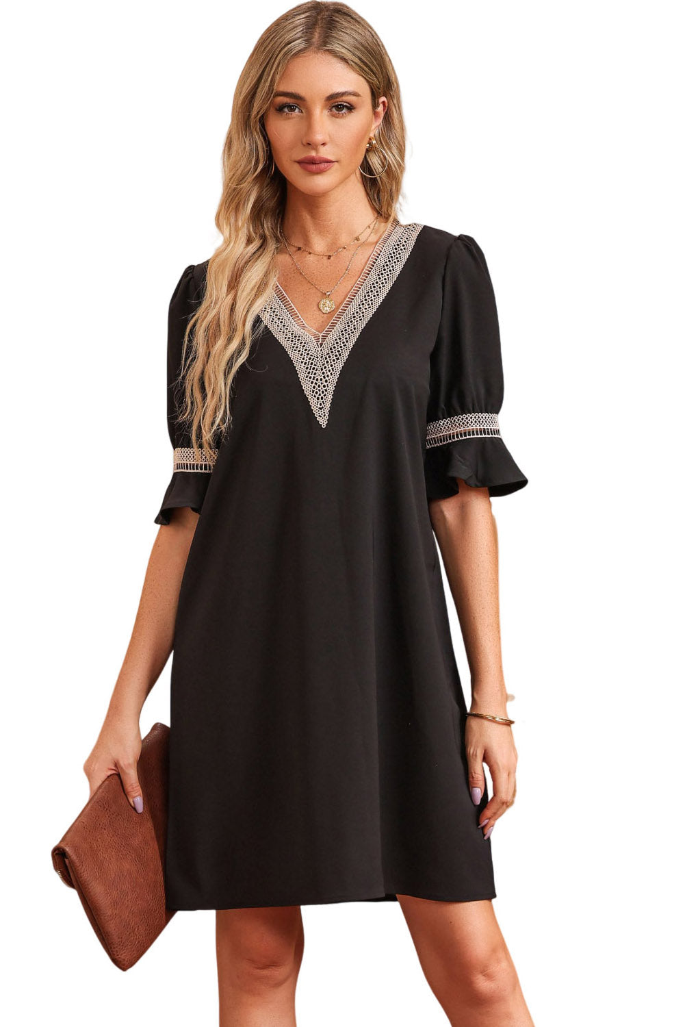 Black Lace Crochet Splicing V Neck Shift Dress