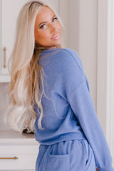 Blue Ribbed Texture Pullover and Drawstring Shorts Lounge Set