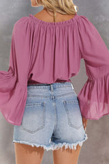 Pink Frilled Off-Shoulder Bell Sleeve Blouse