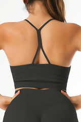 Black Ribbed Y-shaped Spaghetti Strap Sports Bra