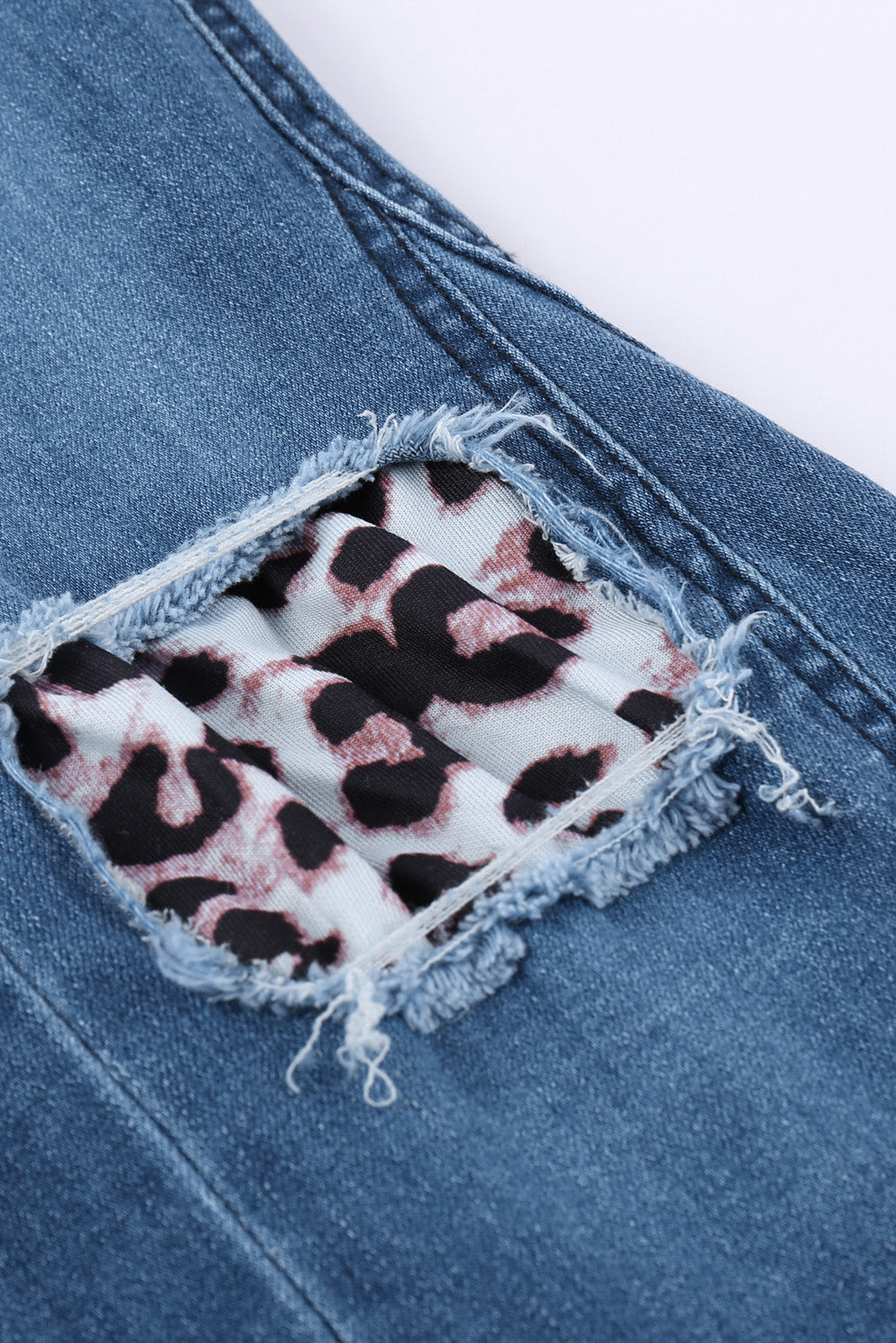 Leopard Patchwork Bell Bottom Jeans With Frayed Hem