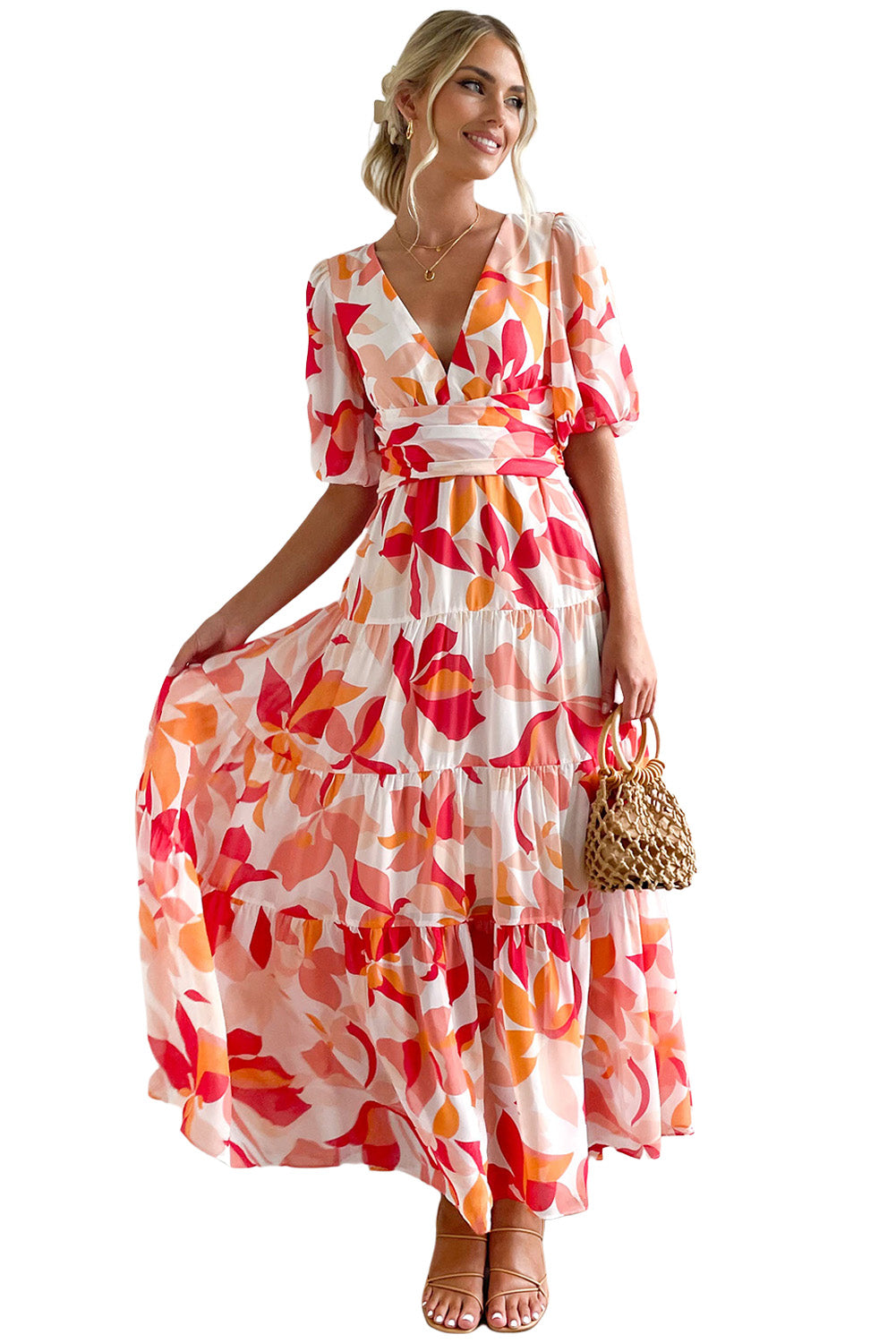 Red Short Puff Sleeve Floral Tiered Maxi Dress