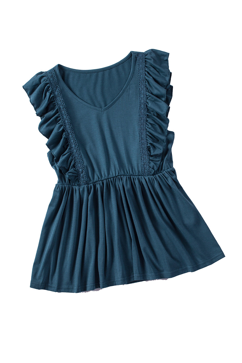Blue Ruched Flounce V Neck Sleeveless Peplum Top