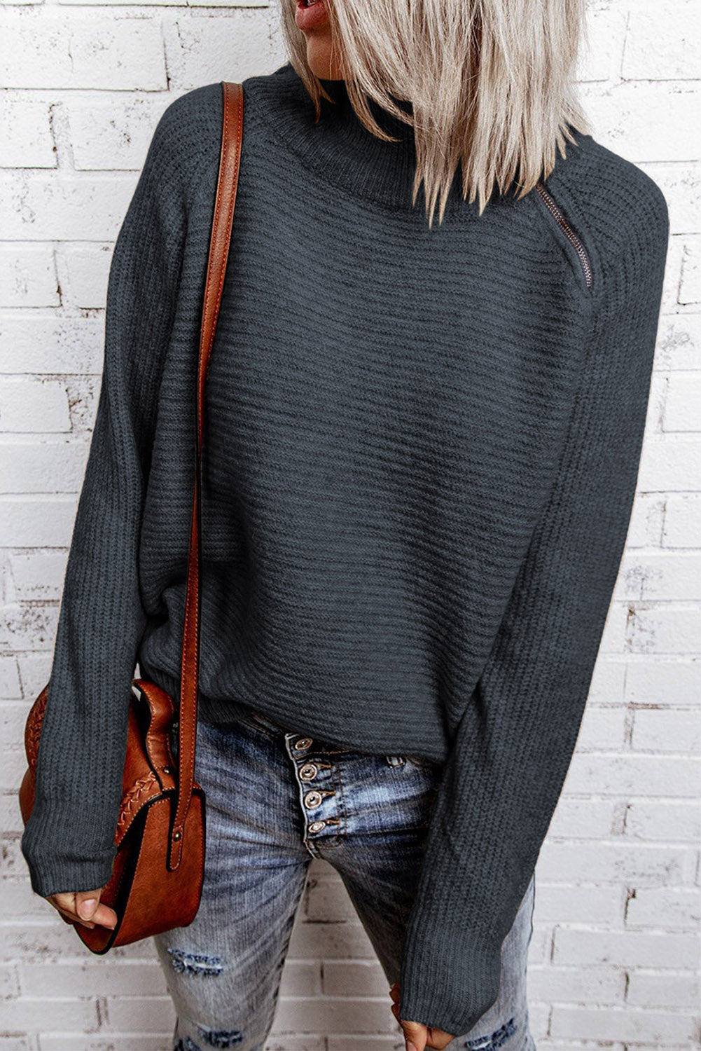 Brown Zip Knitted High Neck Sweater