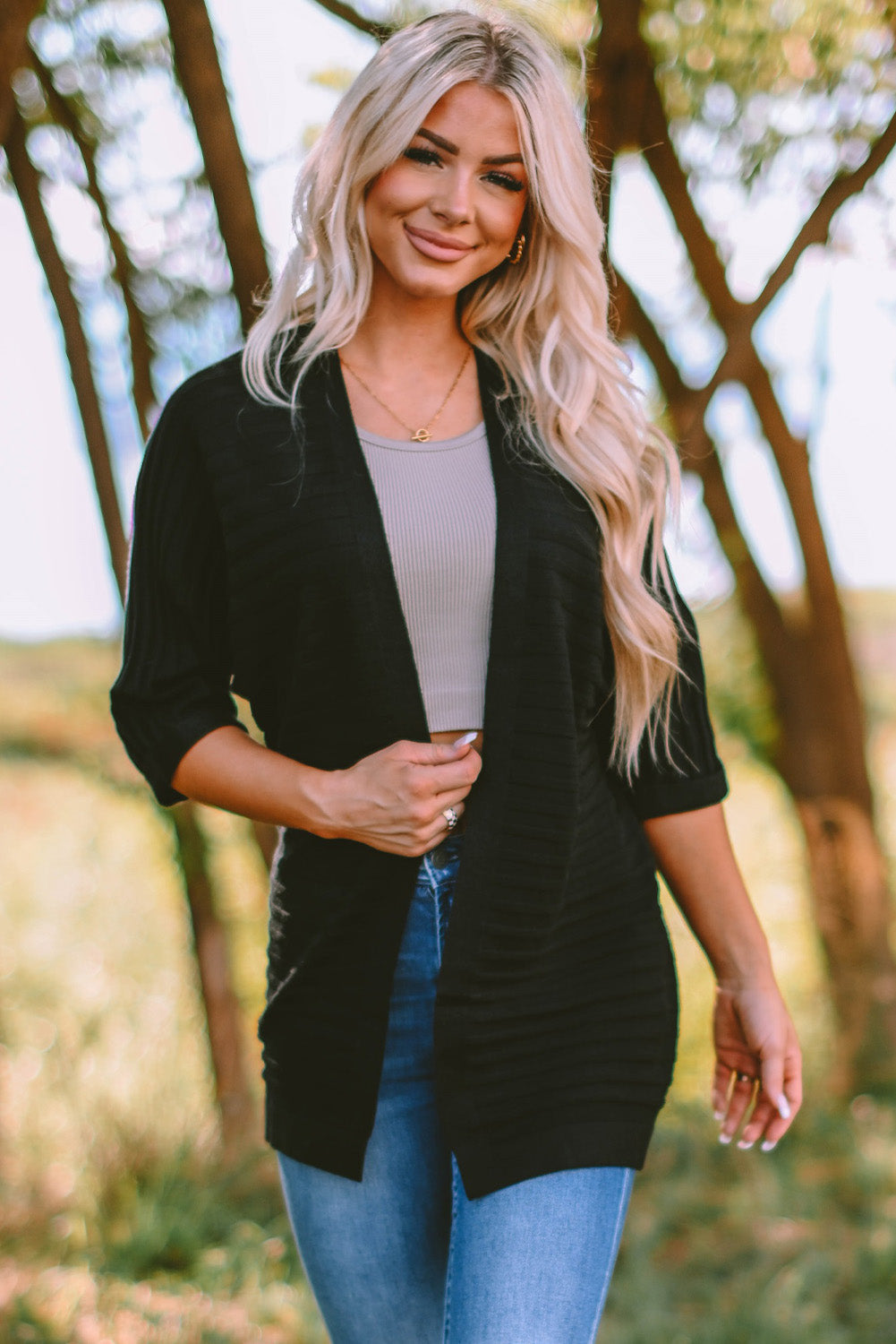 Red Ribbed Open Front Knit Cardigan