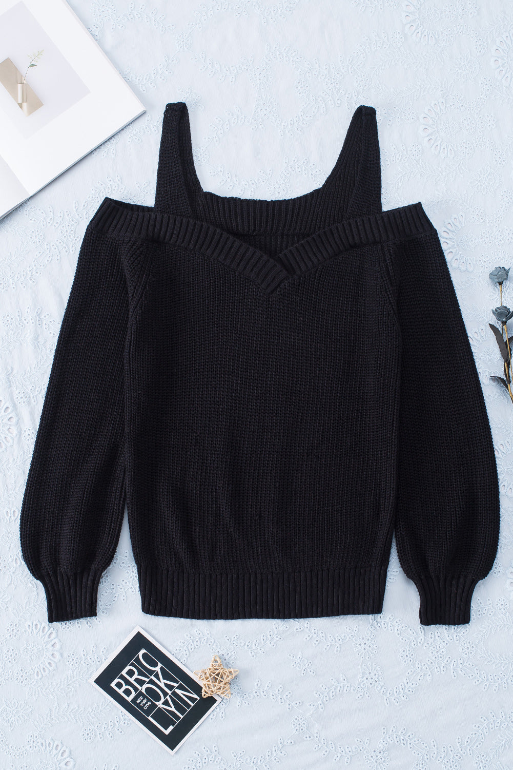 White Dew Shoulder Knitted Sweater