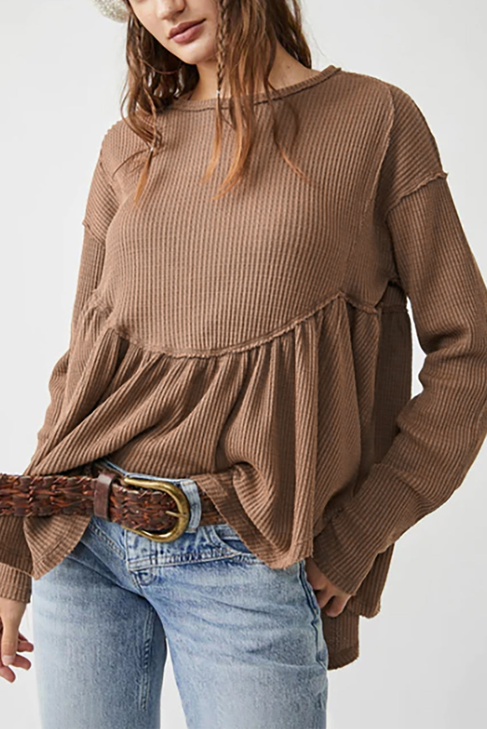 Brown Solid Color Ribbed Peplum Long Sleeve Top