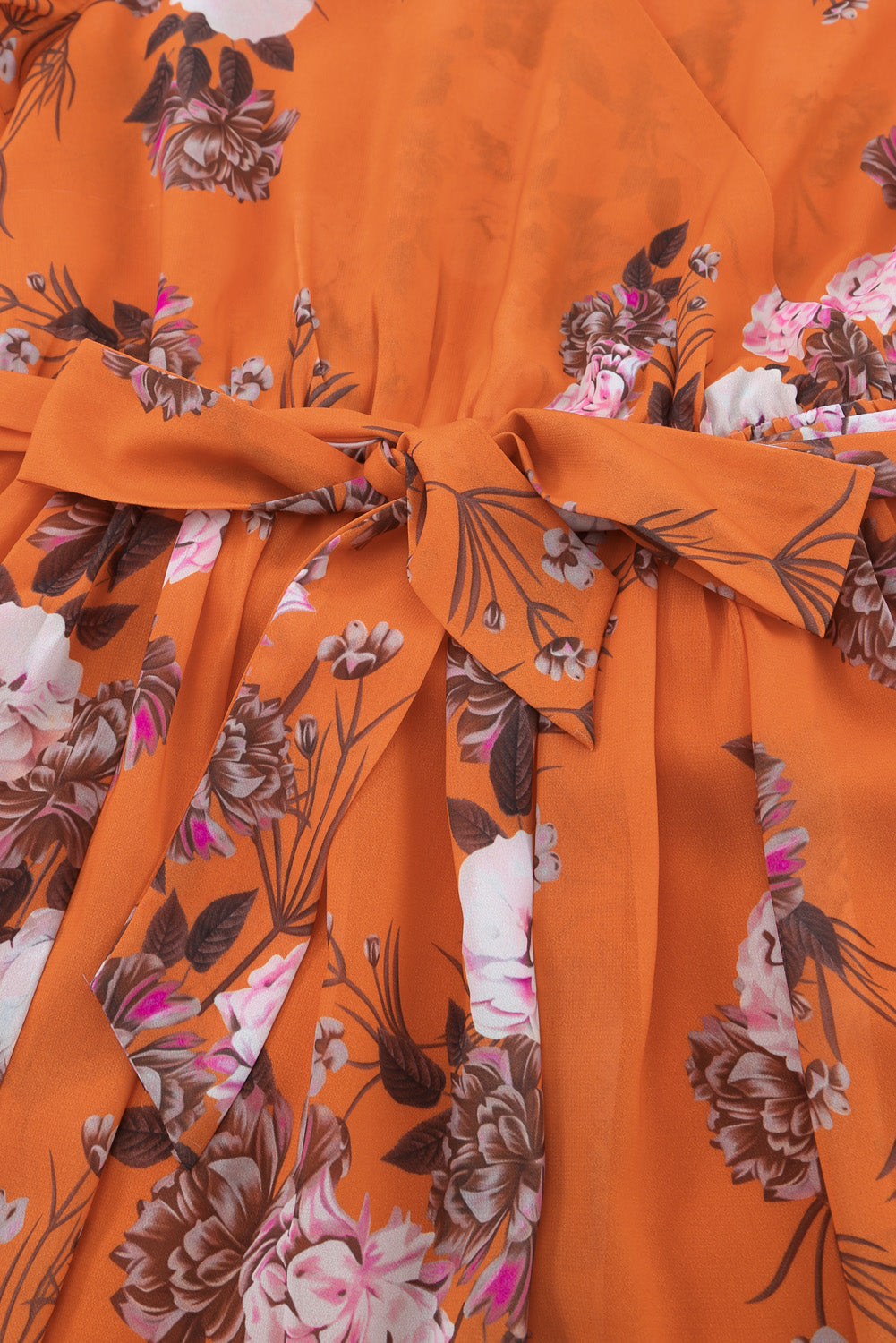 Orange Orange Floral Print Lace-up Ruffled V Neck Maxi Dress with A Slit
