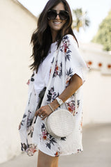 White Floral Print Summer Kimono